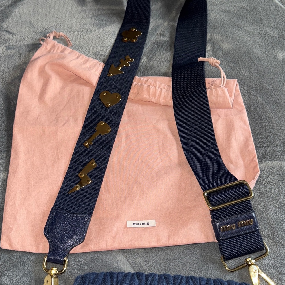 Miu Miu logo Maltalese Denim Blue Quilted Crossbody Bag gold hardware dust bag - Picture 12 of 15